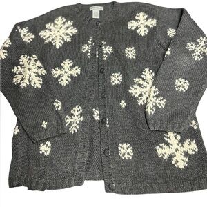 Vintage 80s Eddie Bauer Cardigan Sweater S Grey Angora Blend Snowflakes C4